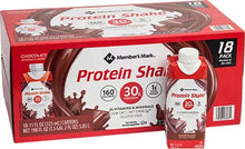 Member's Mark Protein Shake chocolate 18 pack carton box, front view
