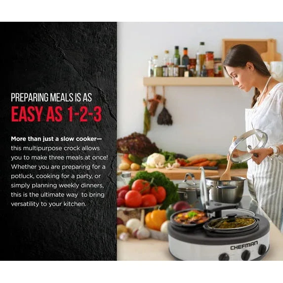 Chefman Triple Slow Cooker - Stainless Steel