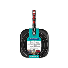 Packaged nonstick fry pan and griddle set with black handles, metallic red exterior