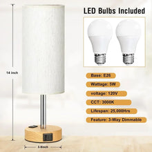 Touch table lamp with cream fabric shade, metal stem, wood base; LED bulbs included
