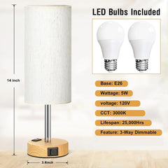 2PCS Small Touch Control Table Lamps for Bedroom, 3 Way Dimmable Bedside Lamp with USB C+A Fast Charging Ports, Nightstand Lamp for Office, Living Room, Reading, Bulbs Included, Wood