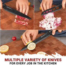 Kitchen knife set knives with dark handles slicing ingredients on a wooden board