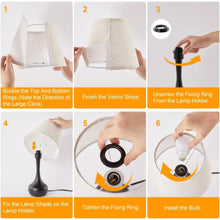 Table lamp assembly steps showing beige shade, fixing ring, and lamp holder parts.