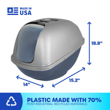 Covered plastic cat litter box, gray hood with blue arched entry door and dark blue base