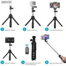 6-in-1 tripod kit with camera and GoPro mounts, remote shutter, and selfie stick use