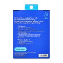Blue retail box back for wireless open-ear earphones with environmental noise cancelling mics