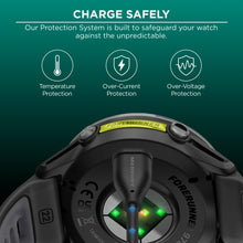 Black charging cable plug into smartwatch charging port
