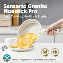 White speckled frying pan with handle, with matching pots in the set