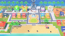 In-game town map with colorful buildings, roads, and a central fountain
