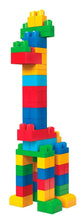 Tall colorful plastic block figure with multicolor stacked sections and rounded base blocks