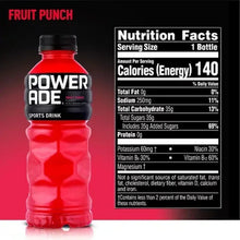 Powerade fruit punch sports drink bottle with Nutrition Facts panel.