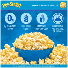 Pop Secret microwave popcorn box showing nutrition icons and popped corn
