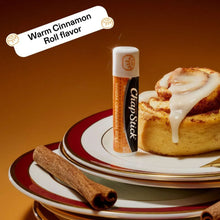 ChapStick lip balm stick labeled Warm Cinnamon Roll flavor with icing-topped pastry