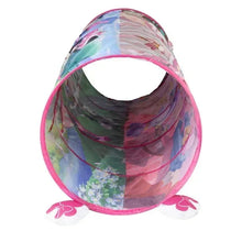 Multicolor play tunnel tent with transparent window opening and pink trim