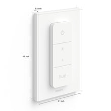 White Philips Hue dimmer switch with measurements, three-button layout