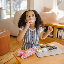Wooden cookie play set with gray tray and painted wooden cookie rounds for pretend baking