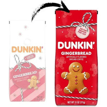 Dunkin’ gingerbread ground coffee bags, red bag and pink gift bag side by side