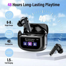 Black wireless earbuds charging case with earbuds and battery/charging indicators