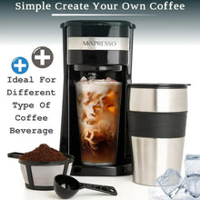 Black 1-cup drip coffee maker brewing into stainless travel mug