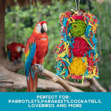 Colorful hanging parrot chew toy with woven ball center and dangling shred ribbons.