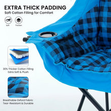 Blue plaid padded loveseat seat with side cup-holder opening and thick cushioned upholstery.