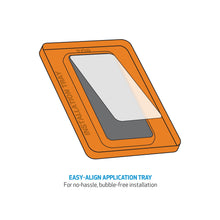 Easy-align application tray for tempered glass screen protector, orange card-style tool