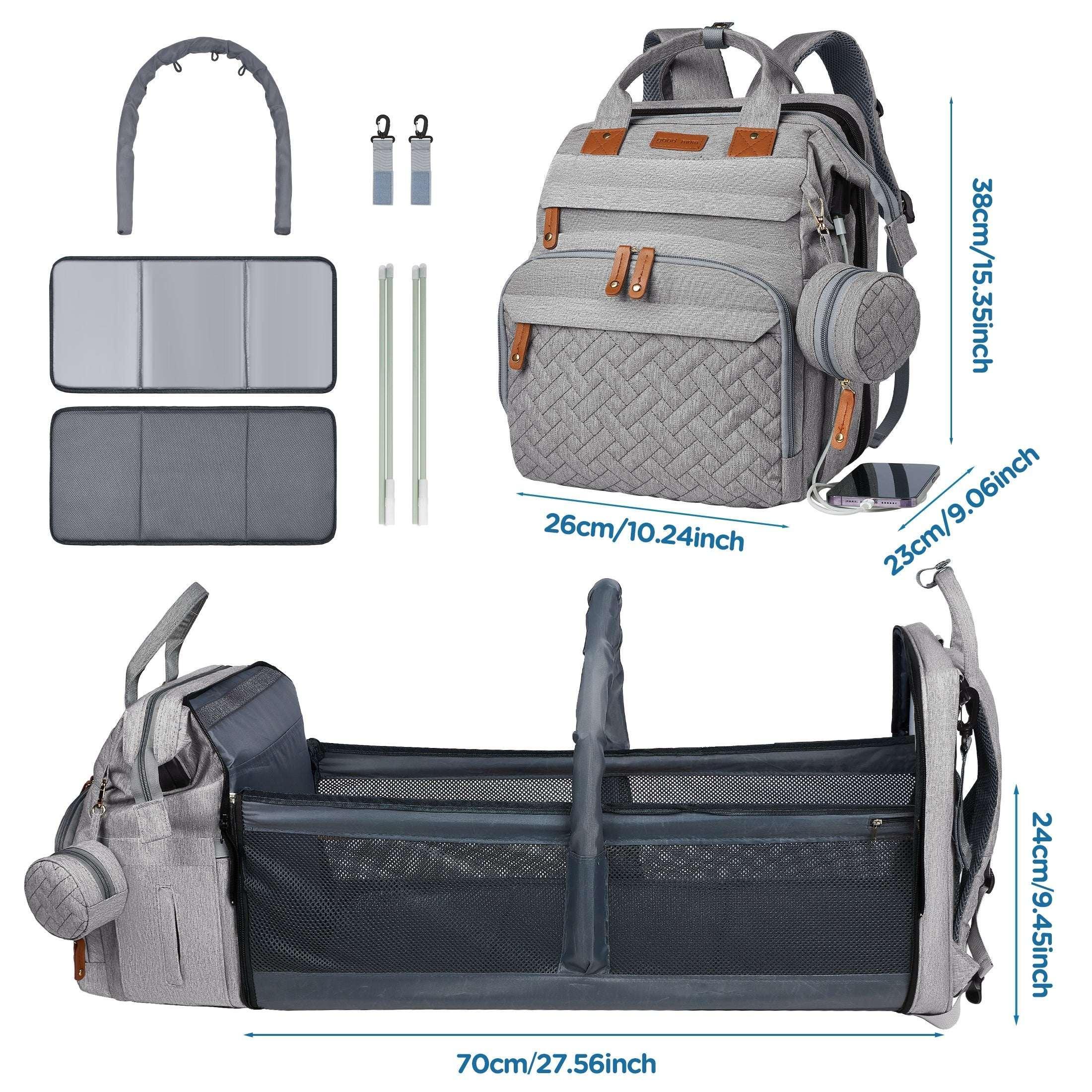 Babyomi Diaper Backpack with Changing Station, Foldable Crib, Insulated Pocket & USB Port, Large Travel Bag for Moms and Dads, Grey - USA MEGA SHOP