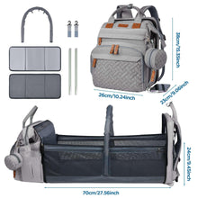 Grey diaper backpack with included foldable changing mat, accessory pieces, and storage panels.