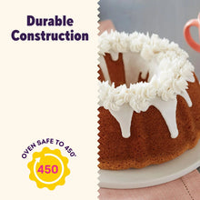 Non-stick bundt cake pan, shown with a frosted bundt cake on a plate