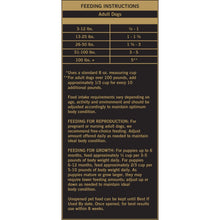 Feeding instructions chart for adult dogs with weight ranges and daily cup amounts