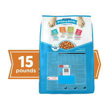 Purina puppy dry dog food bag back panel showing 15 pounds