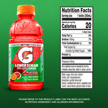 Lower-sugar fruit punch electrolyte sports drink nutrition facts panel on bottle