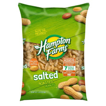 Green package of Hampton Farms salted roasted in-shell peanuts, front panel