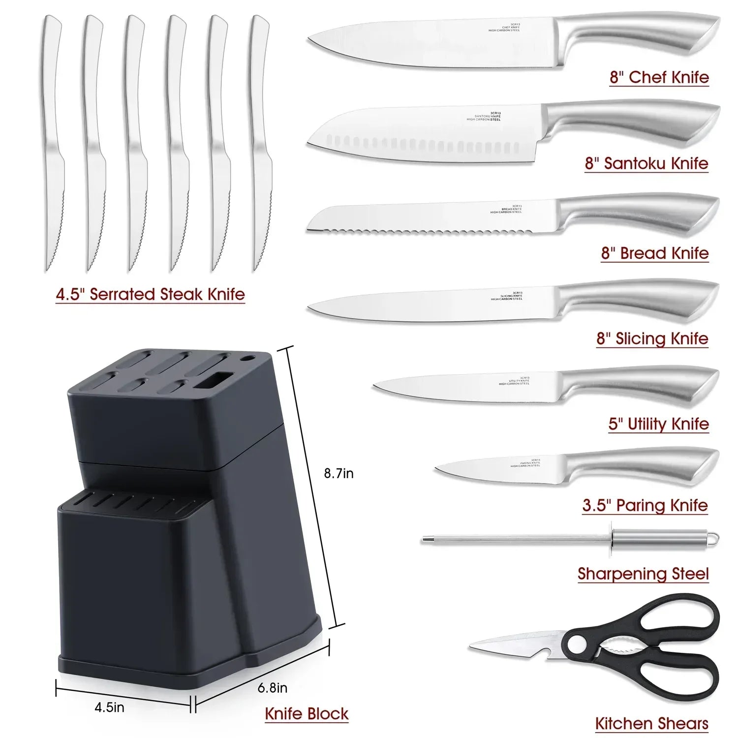 Walchoice 15 Pieces Knife Set with Block, High Carbon Stainless Steel Kitchen Knife Set with Sharpener, Rust Resistant & Dishwasher Safe - USA MEGA SHOP