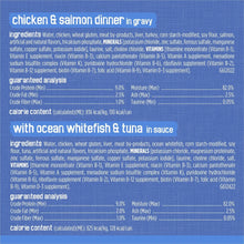 Wet cat food can ingredient and nutrition panel for chicken & salmon and ocean whitefish & tuna