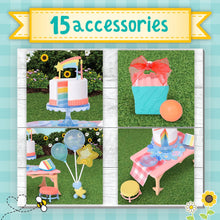 15-piece birthday accessories set collage with cake, balloons, gift box, and party table pieces