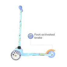 3-wheel scooter with light-up wheels and foot-activated rear brake