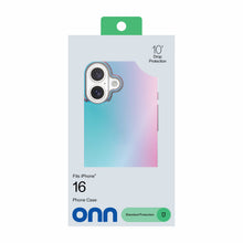 Opalescent iPhone 16 phone case packaging with teal-to-pink gradient case window