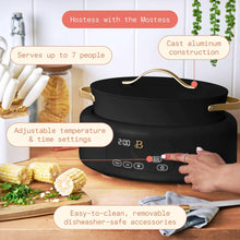 Black electric multi-cooker base with control panel, gold-tone accents and lid
