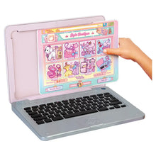 Pink pretend laptop open with Princess-themed activity screen and black keys