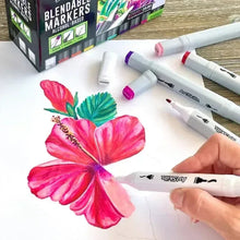 Dual-tip alcohol markers drawing a pink flower with green leaves on paper