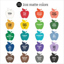 Matte acrylic paint color swatch sheet showing 25 shades