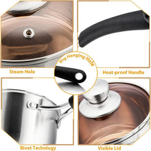 Stainless saucepan lid with steam hole and black heat-proof handle, riveted attachment