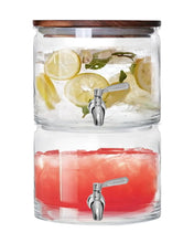 Stacking glass dispenser with acacia lid, lemon-filled top and two chrome spigots