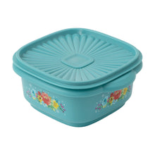Teal plastic food storage container with lid, embossed sunburst top and floral band