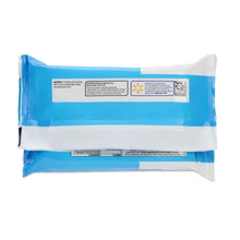 Back of flushable wet wipes pack with blue-and-white panel and product details