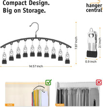 Curved black legging hanger rack with 10 non-slip clips and hanging hook