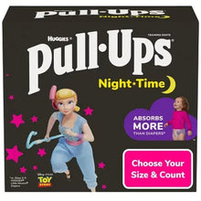 Huggies Pull-Ups Night-Time training pants box, front view with girl and stars