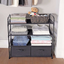4-shelf closet organizer with two fabric bins and shelves for folded clothing