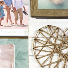 Heart-shaped twine design detail on a rustic wood photo collage frame